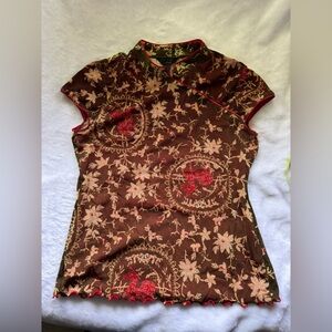 Floral Embroidered Vintage Mandarin Collar Top - Brown & Red